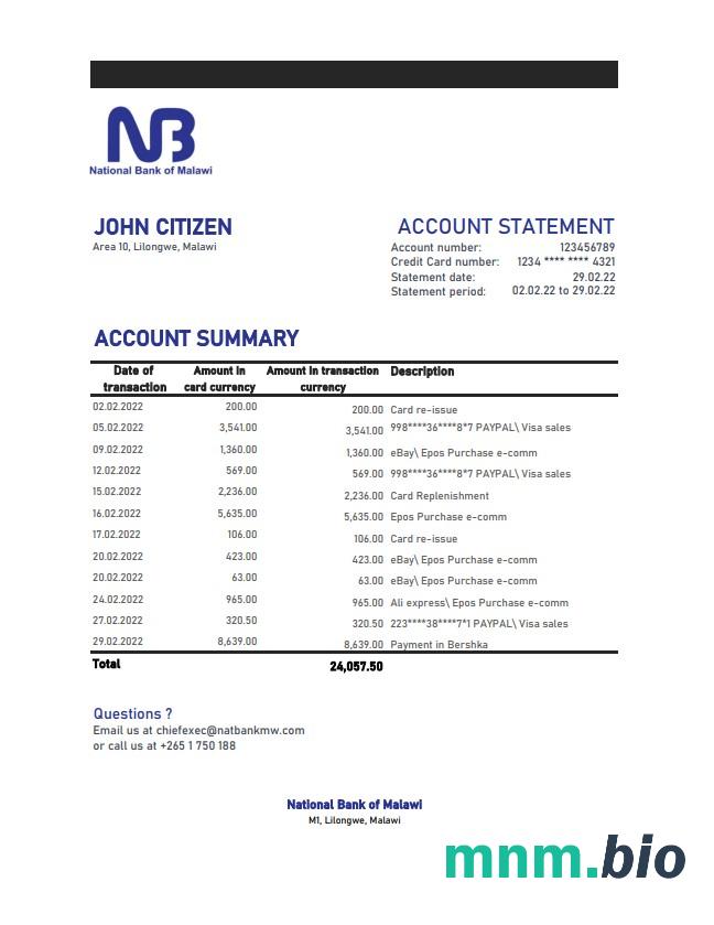 Malawi Narodowy Bank Malawi wyciąg bankowy szablon w formacie Word i PDF